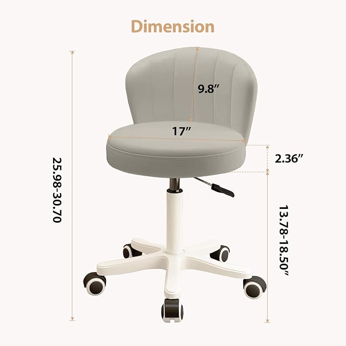 Small Desk Chair Round Rolling Chair with Back PU Leather Height Adjustable Swivel Vanity Work Computer Stool Chair for Home Office Bedroom
