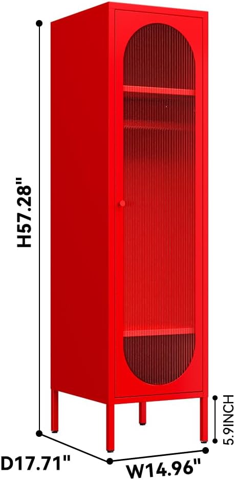 1 Door Metal Locker Cabinet for Kids Bedroom, School Classroom, Office, Home-Acrylic Translucent Door, Steel Corner Cabinet Sideboard Tall Storage Cabinet for Garage Utility Room (Red)