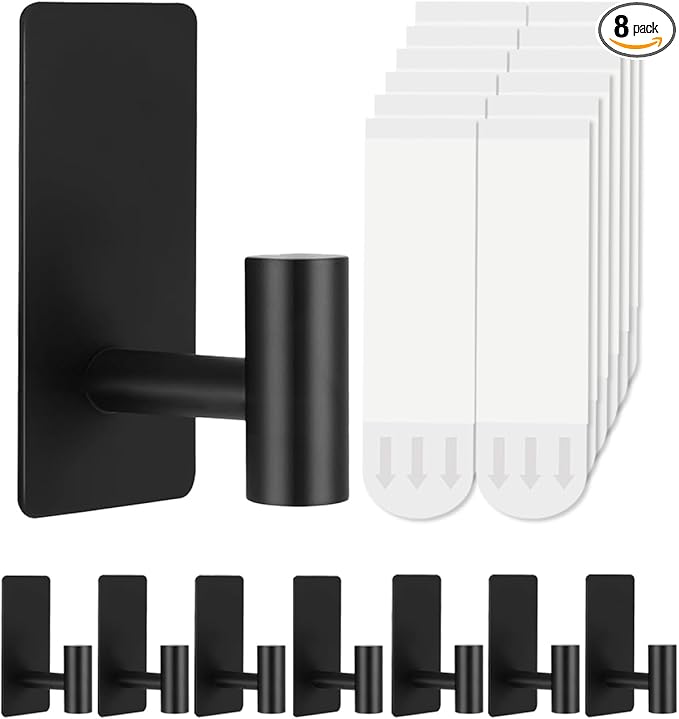 8 Pcs Towel Hooks Heavy Duty for Hanging，Adhesive Wall Hooks with Removable Strips，Sticky No Damage，Outdoor for Bathrooms，Shower，Stockings，Decor，Robe，Large，Black 304 Stainless Steel