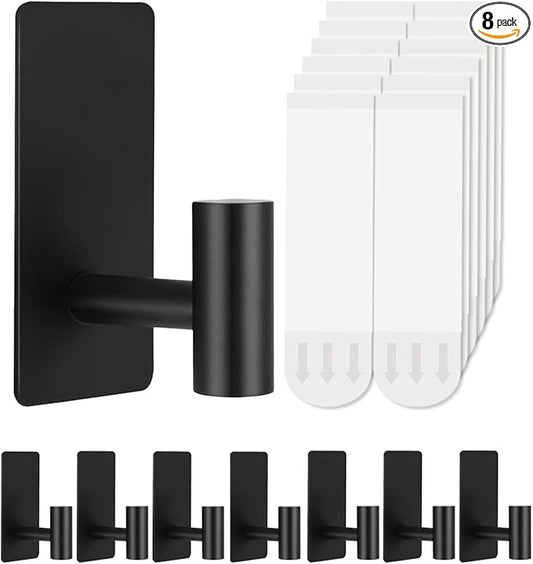8 Pcs Towel Hooks Heavy Duty for Hanging，Adhesive Wall Hooks with Removable Strips，Sticky No Damage，Outdoor for Bathrooms，Shower，Stockings，Decor，Robe，Large，Black 304 Stainless Steel