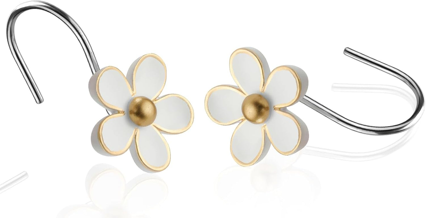 Cute Flower Shower Curtain Hooks, Pretty Floral Themed Elegant Bathroom Decor, Gold/White