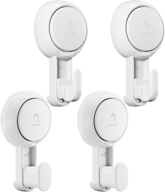 TAILI Suction Towel Hook for Bathroom, Damage-Free Hanging Hooks for Inside Shower Wall, Powerful Vacuum Suction Cup Shower Holder for Towel, Loofah, Cloth, Easy to Install and Remove, White, 4 Pack