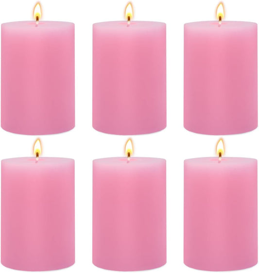 6 Packs 2.75x3.25 Inch Pink Pillar Candles, Unscented Dripless Non-Toxic Pastel Colored Smokeless Clean Long Lasting Burning Cylinder Candles for Home Dinner Table Decoration Power Outage Emergency