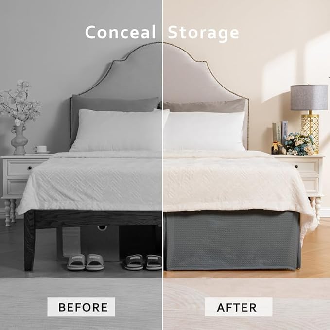 MIYE Pleated Waffle Weave Bed Skirt, Tailored Dust Ruffle 14 Inch Drop Easy Fit, Machine Washable (Dark Grey,Cal King - 14" Drop)