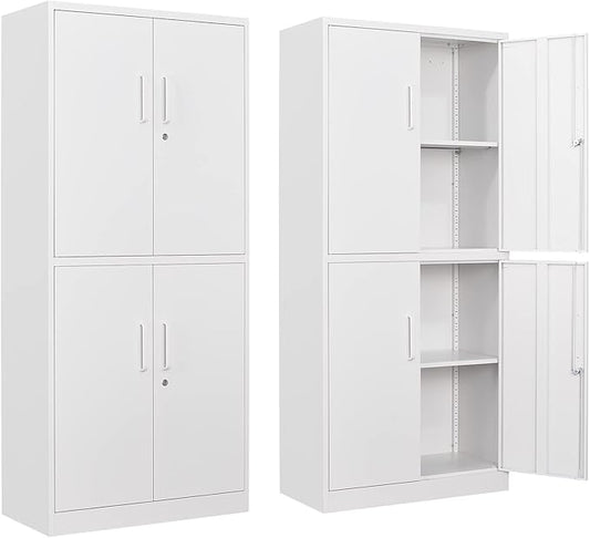 Yizosh Metal Storage Locking Cabinet with 4 Doors and 2 Adjustable Shelves,71" Lockable Garage Tall Steel Cabinet,for Home Office,Living Room,Pantry,Gym,Commercial Storage (White)