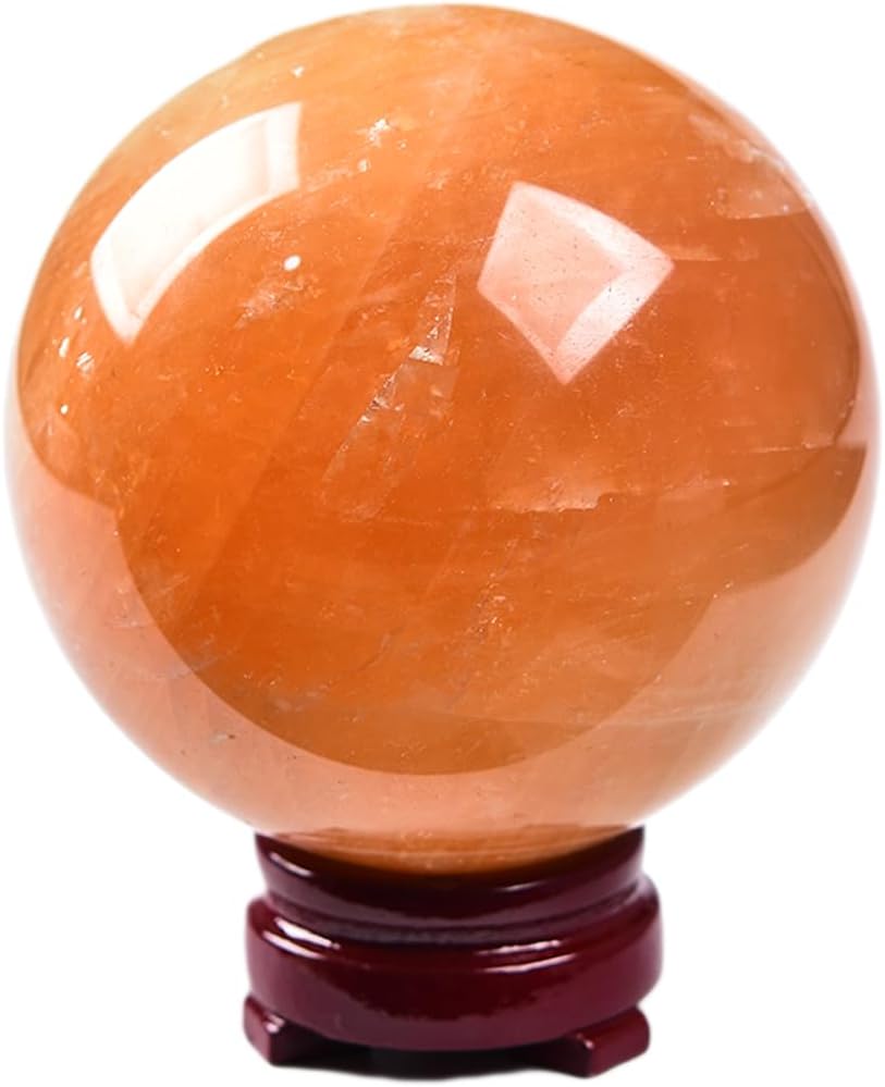 JIC Gem Stripe Orange Calcite Sphere Ball 3.5inch with Wood Stand for Fengshui Healing and Decoration