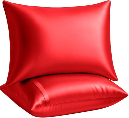 Satin Pillowcase with Zipper, for Hair and Skin Care, Feels Soft and Cool Like a Silk Pillowcase, Red Satin Pillow Cases Set of 2, Slik Pillow Cover, Queen Size - 2 Pack