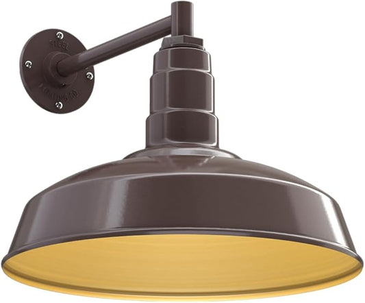 Steel Lighting Co. Gardena Barn Light | Outdoor Wall Mounted | 16" Dome | 11" Straight Arm | Farmhouse Light Made in America | Dark Bronze Exterior/Brass Interior