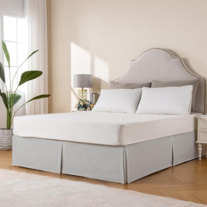 MIYE Pleated Waffle Weave Bed Skirt, Tailored Dust Ruffle 12 Inch Drop Easy Fit, Machine Washable (Light Grey, Full - 12" Drop)