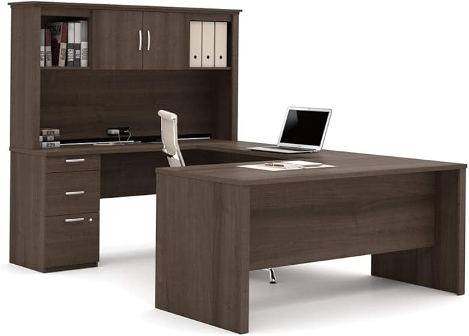 Bestar Logan 66W U-Shaped Desk with Hutch, Lateral File Cabinet, and Bookcase in Antigua