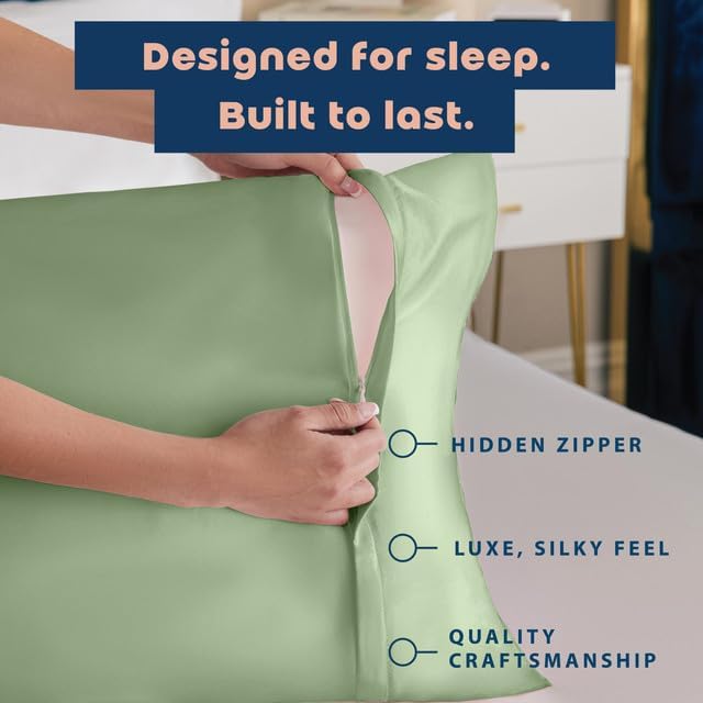 Satin Pillowcase with Zipper, for Hair and Skin Care, Feels Soft and Cool Like a Silk Pillowcase, Satin Pillow Cases 2 Pack, Slik Pillow Cover, Sage Green - Standard Size - Set of 2