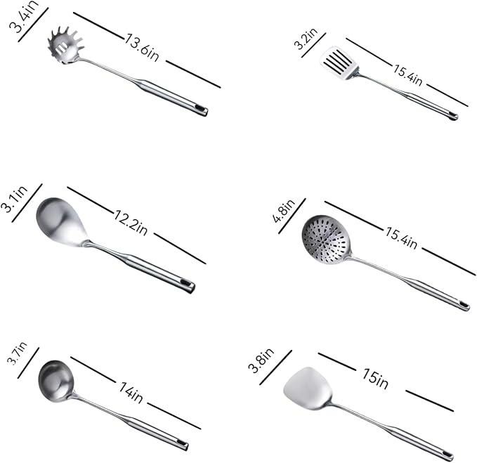 316 Stainless Steel Cooking Tool Set: saute pan spatula ladle, skimmer slotted, pasta, serving spoon, slotted spatula seasoner, dishwasher safe.