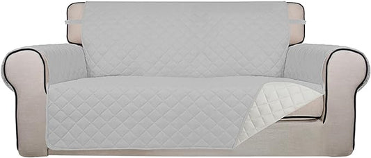 PureFit Reversible Quilted Sofa Cover, Water Resistant Slipcover Furniture Protector, Washable Couch Cover with Non Slip and Elastic Straps for Kids, Dogs, Pets (Oversized Loveseat, Light Gray/Ivory)