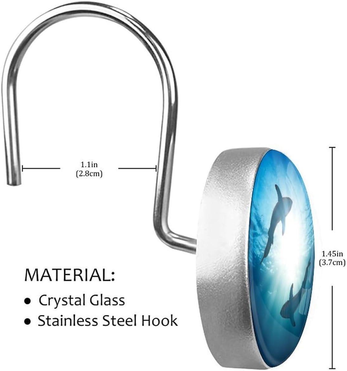 Sharks Shower Curtain Hooks, 12 Pcs Rust Proof Glass Surface Stainless Steel Curtain Rings for Bathroom Bedroom Living Room Kitchen Home Shower Rods Decor