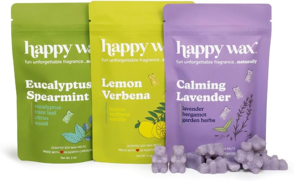Happy Wax Clean Mix Collection Scented Natural Soy Wax Melts – 6 Total Oz. of Scented Wax Melts, Collection Includes Eucalyptus Spearmint, Lemon Verbena, and Calming Lavender