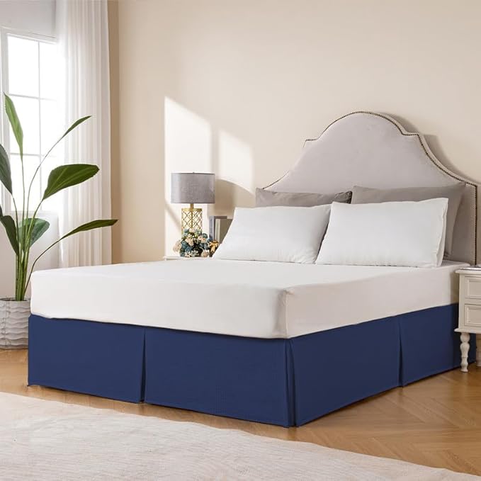MIYE Pleated Waffle Weave Bed Skirt, Tailored Dust Ruffle 12 Inch Drop Easy Fit, Machine Washable (Navy Blue, Twin - 12" Drop)