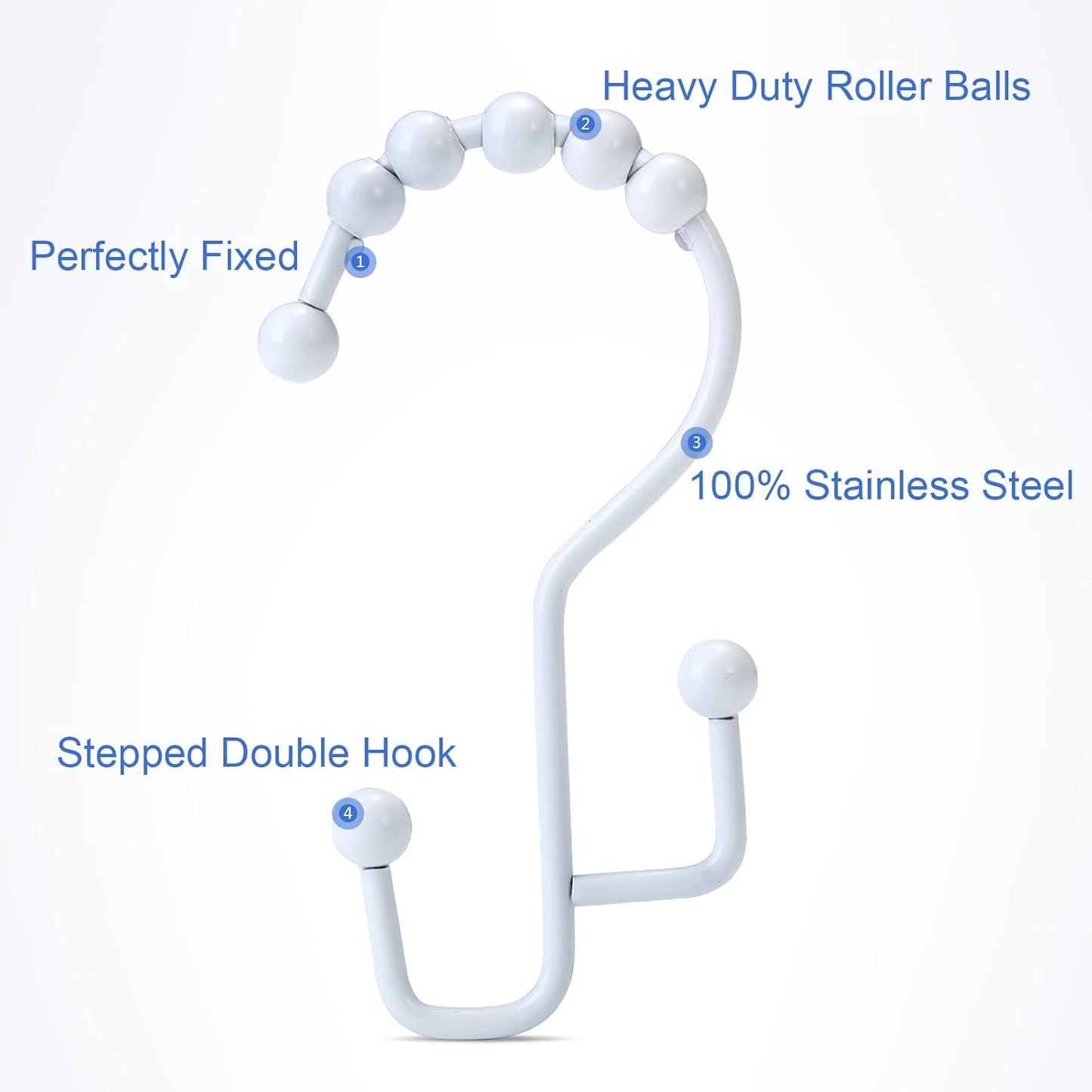 Shower Curtain Rings, SUTINE Double Shower Curtain Hooks, Rust-Resistant Metal Shower Curtain Rings, Free Sliding Stainless Steel Shower Hooks for Shower Curtains & Liners, 12pcs-White