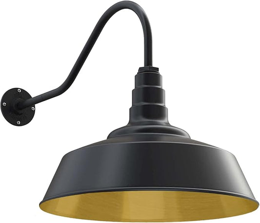 Steel Lighting Co. Redondo Barn Light | Outdoor Wall Mounted | 20 inch Dome | 23 inch Gooseneck | Large Farmhouse Warehouse Light Made in America | Matte Black Exterior/Brass Interior