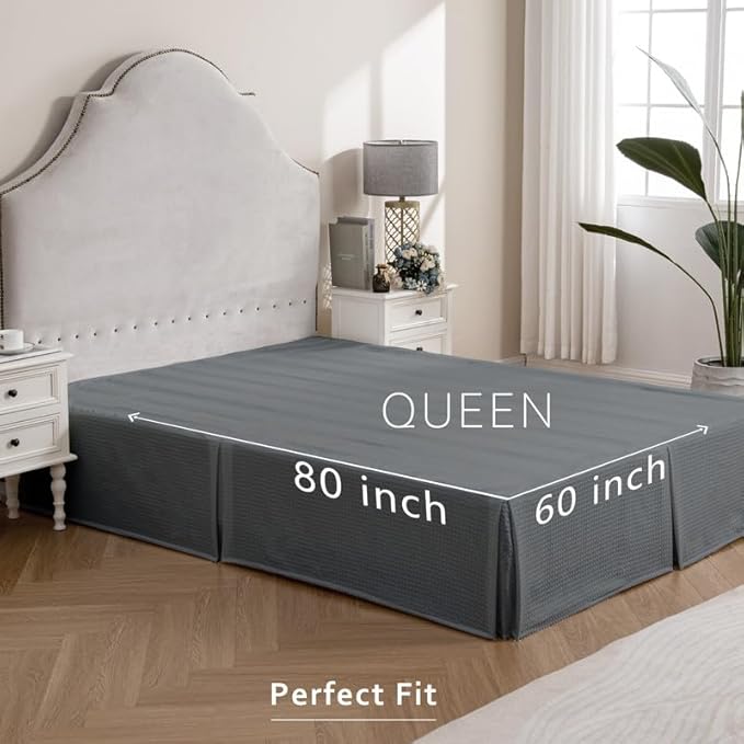 MIYE Pleated Waffle Weave Bed Skirt, Tailored Dust Ruffle 14 Inch Drop Easy Fit, Machine Washable (Dark Grey, Queen - 14" Drop)