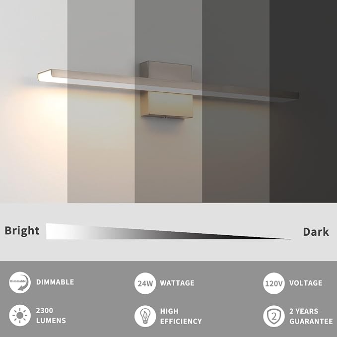 JUSHENG Brushed Nickel Bathroom Vanity Light Modern Dimmable Vanity Light Bar LED Bathroom Lighting 24 Inch 24W 3000K Warm White