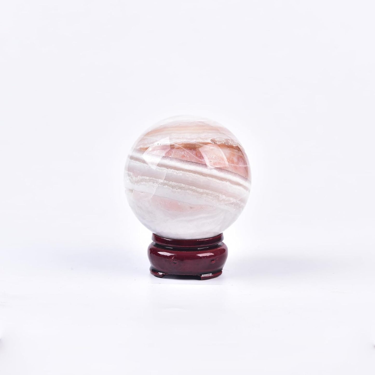 JIC Gem Natural Pink Agate Crystal Sphere with Wooden Stand,Decorative Crystal Ball Pink Gemstone Sphere for Meditation,Feng Shui,Witch-Style Decor,Table 70-80mm