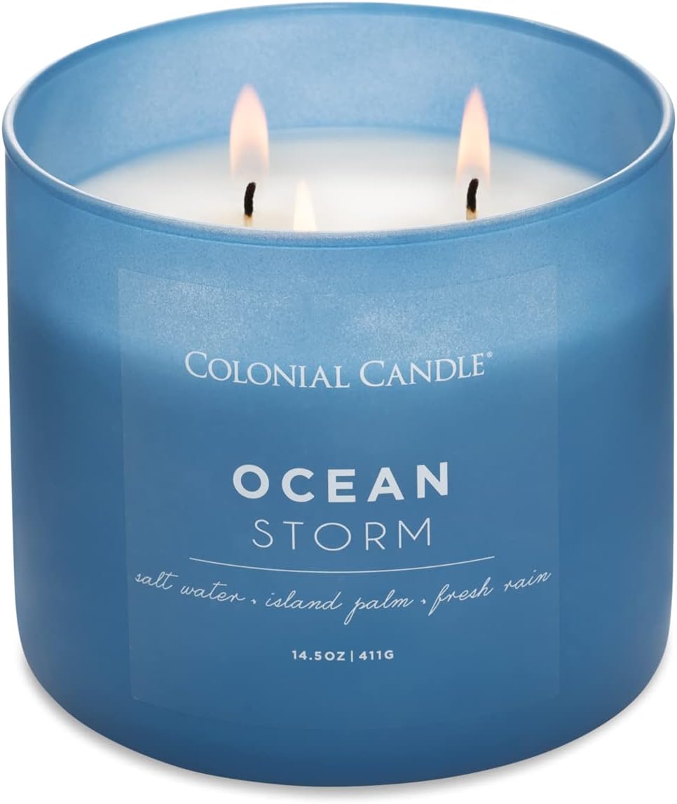 Colonial Candle Ocean Storm Scented Jar Candle, Pop of Color Collection, 3 Wick, Blue, 14.5 oz - Up to 60 Hours Burn
