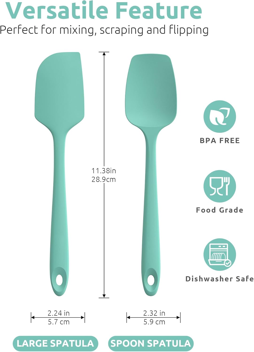 U-Taste Flat Spatula & Spoon Spatula: 11.38in 600ºF Heat Resistant Silicone Bowl Scraper, Flexible Rubber Kitchen Cooking Mixing Utensil with Upgraded Non-Stick Surface (Set of 2, Aqua Sky)