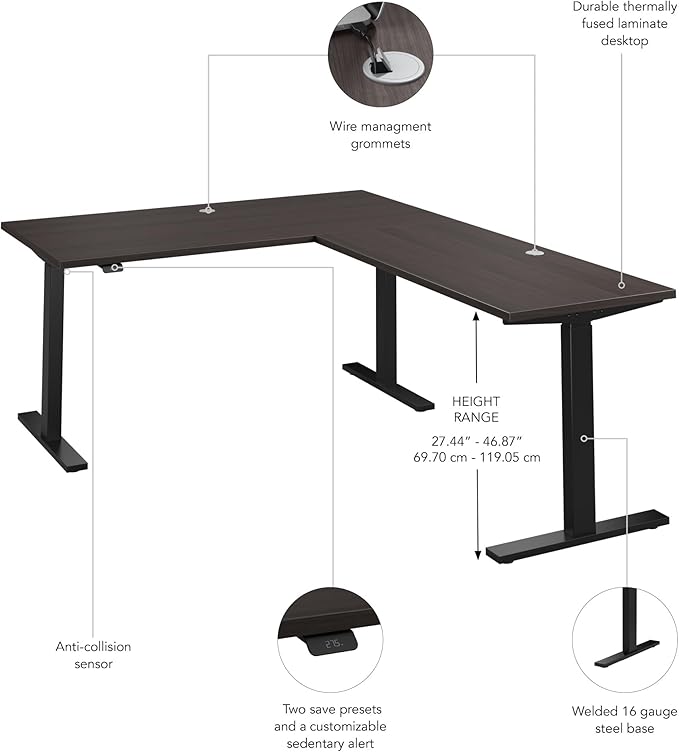 Bush Business Furniture 60-inch Height Adjustable L Shaped Standing Desk, Electric Sit-Stand Corner Computer Table, Ergonomic Office, Move 60 Series, Storm Gray with Black Base