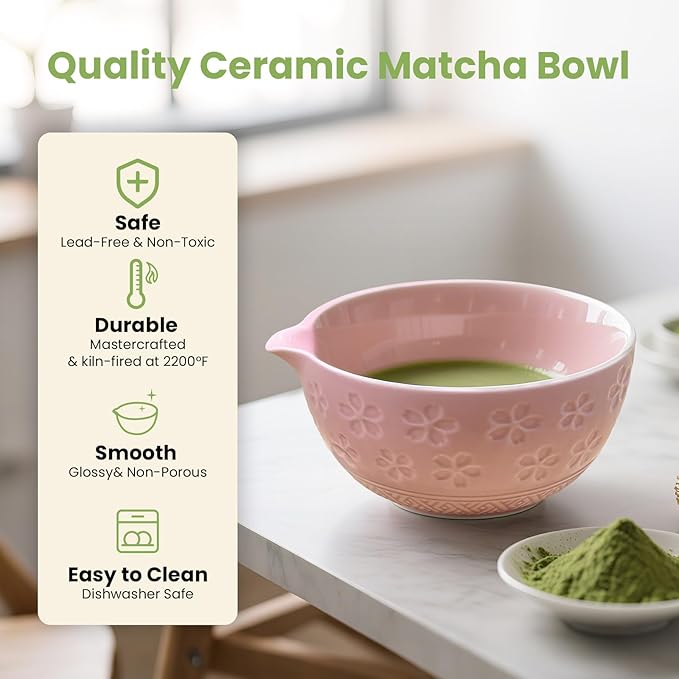 Matcha Whisk Set, Pink Matcha Set (9 Pcs) Includes Matcha Bowl, Whisk & Holder, Scoop, Sifter, Spoon, Scoop Rest, Tea Mat, Hand Book - Ideal Ceramic Matcha Kit for Matcha Lovers