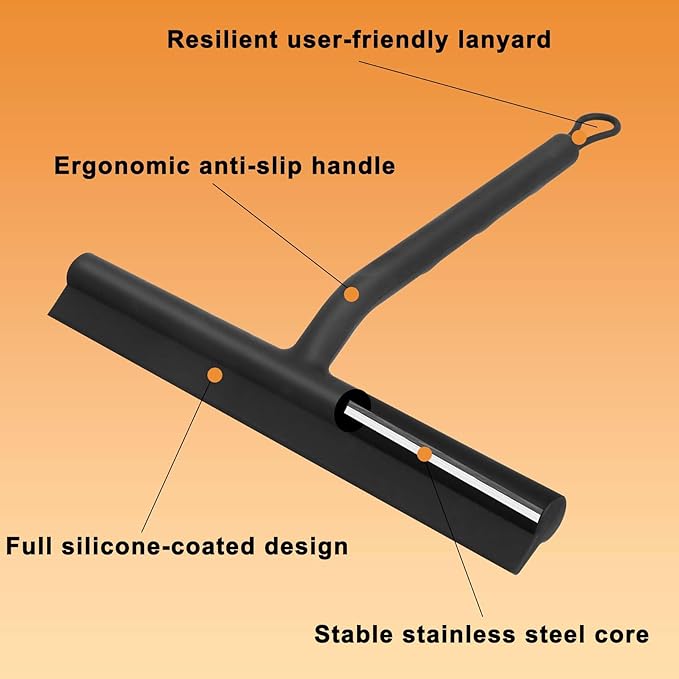 Squeegee for Shower Glass Doors, Resilient Loop - No-Drill & Adhesive Hook, Silicone Shower Squeegee with Stainless Steel Core, Cleaning Tool for Home, Kitchen, Bathroom & Car - Black