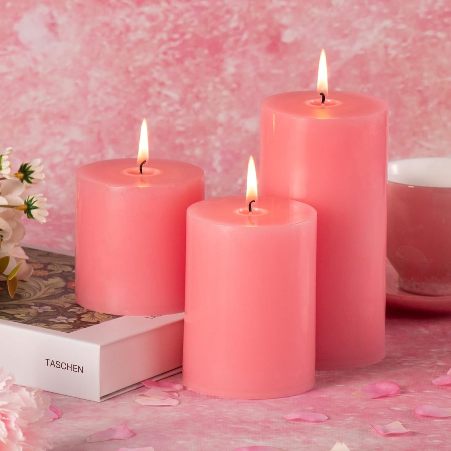 KONNI Pink Pillar Candles Set of 3, 3"x 6" Unscented Pillar Candles Bulk, 56 Hours Long Burning Candles, Smokeless&Dripless Large Round Candle for Wedding, Home Decoration, Parties, Spas, Dinner
