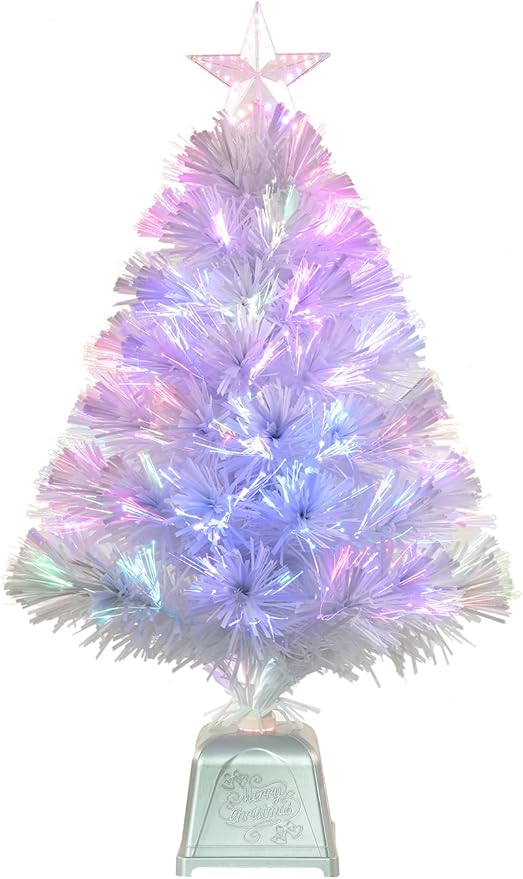 24inch White Fiber Optic Christmas Tree,Pre-Lit Artificial Mini Christmas Tree, Tabletop Small Xmas Tree with Stars Holiday Home Decorations