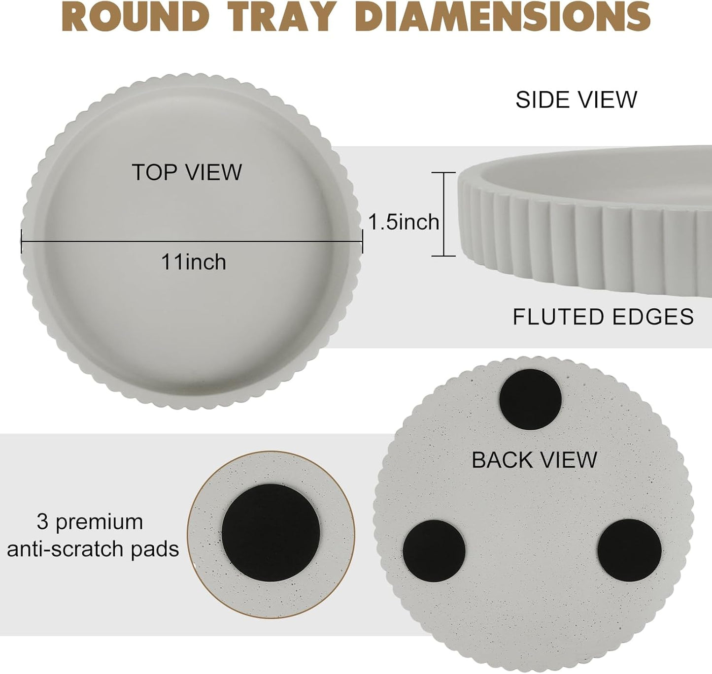 Round Decorative Tray for Coffee Table Decor-Modern Home Decor Tray-Concrete Coffee Table Serving Tray-Centerpiece Table Tray-Ottoman,Vanity, Bathroom, Kitchen,Dresser (Gray)