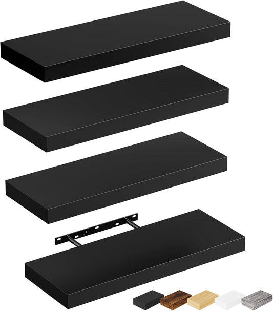 Bellsal Floating Shelves for Wall, Black Engineered Wood Wall Shelf Set of 4, 16" Wall Mounted Floating Shelf for Kitchen, Living Room, Bedroom, Bathroom Storage, Book Shelf for Home Decor