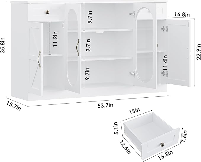 Keyluv Buffet Cabinet 55" Large Storage Coffee Bar with Drawer and Shelves, 3 Spacious Shelves Behind Glass Doors Sideboard Cabinet, Modern Farmhouse Furniture for Kitchen/Dining/Living Room, White