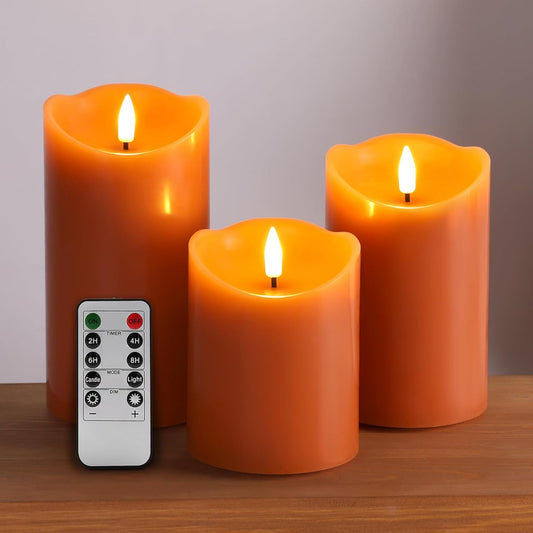 Eywamage Orange Flameless Pillar Candles with Remote, Halloween Fall LED Candles Battery Operated Real Wax, Set of 3