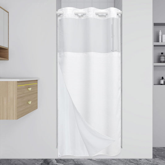 Stall No Hook Shower Curtain with Snap in Liner,230GSM Waffle Weave Shower Curtains for Bathroom,36W x 74H,White