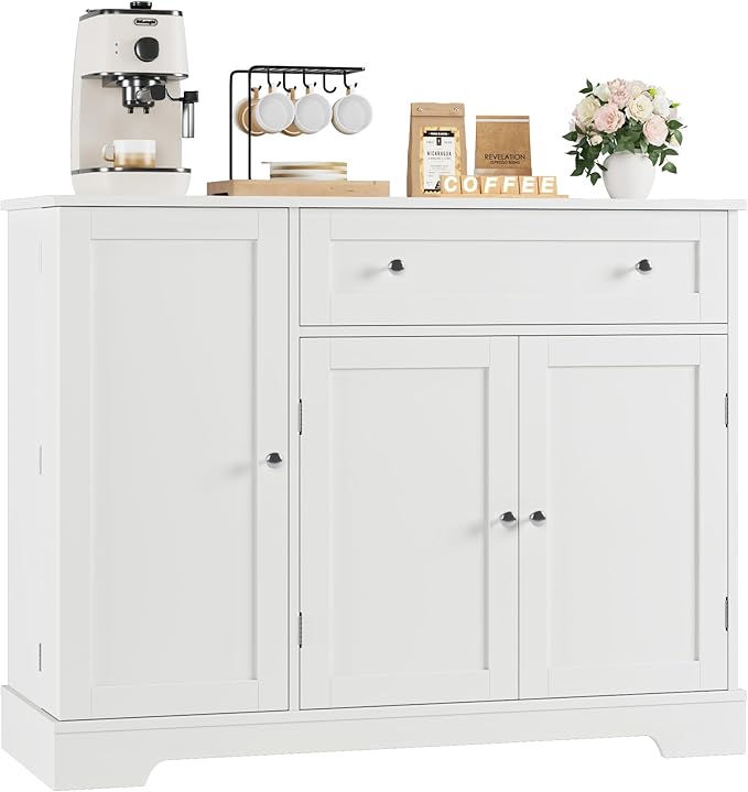 HOSTACK Buffet Cabinet with Storage, Modern Sideboard Buffet with Doors, Wood Coffee Bar Kitchen Storage Cabinet with Drawer and Adjustable Shelf for Kitchen, Dining Room, Living Room, White