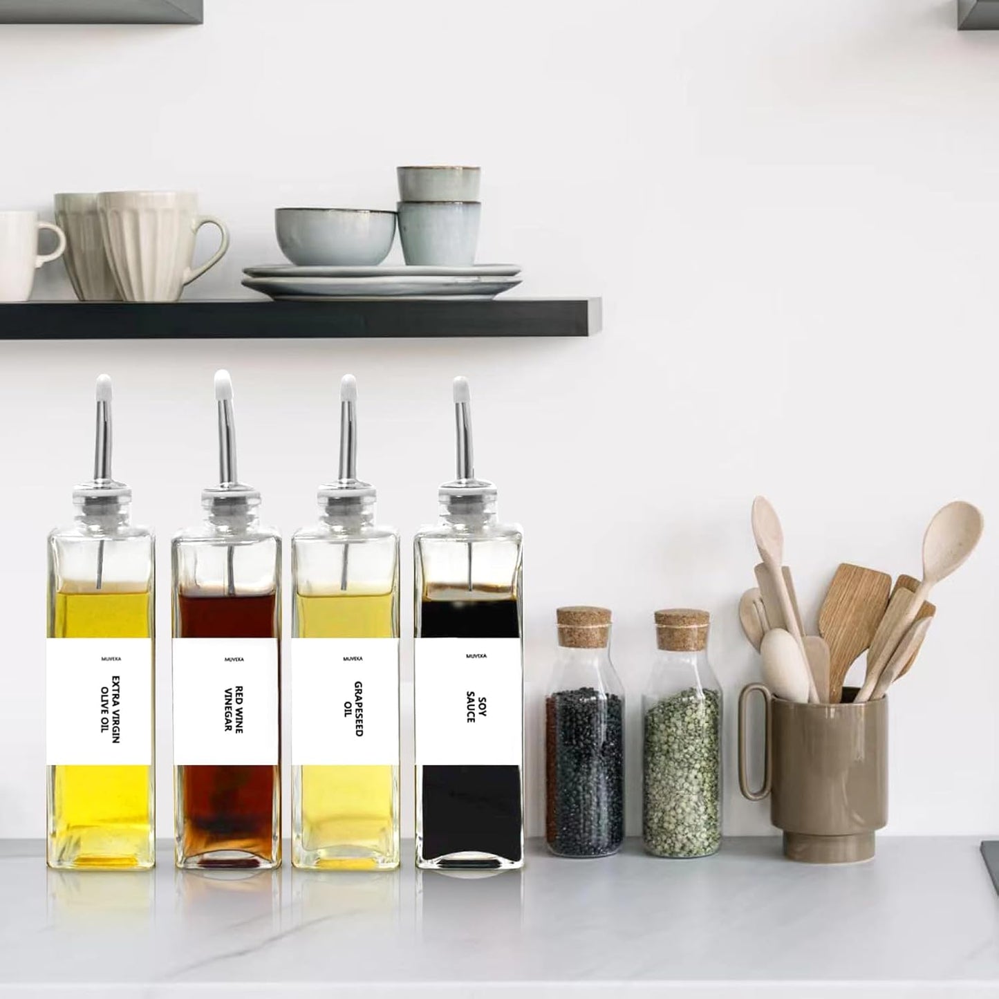 Olive Oil Dispenser Bottle for Kitchen, 16.9 oz/ 500 ml Soy Sauce Dispenser, Cooking Vinegar Dispenser Set, Glass Oil Cruet with 4 Pourer Spouts, Coffee Syrup Dispenser