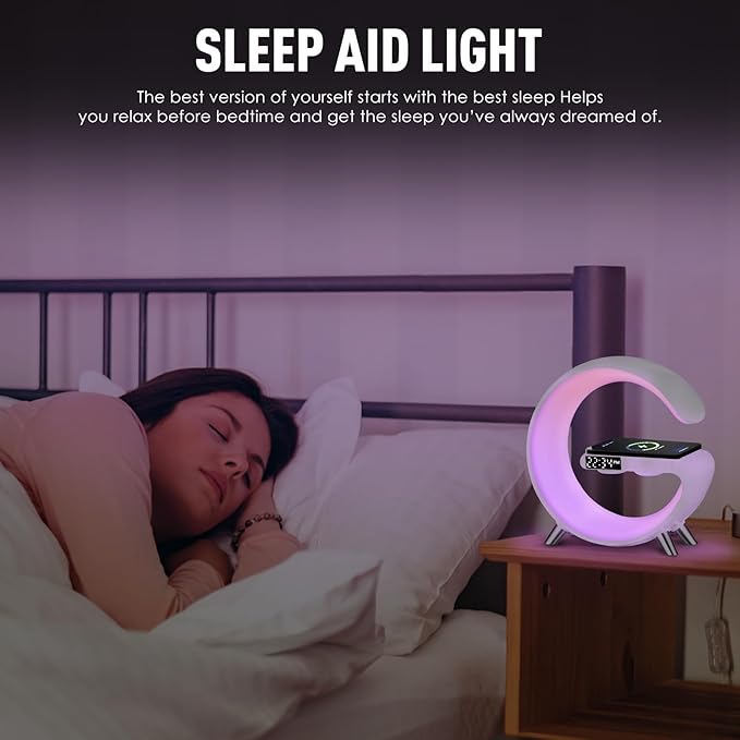 5-in-1 Smart Bedside Lamp with Bluetooth Speaker & APP Control, Wireless Charging Station, Sunrise Alarm Clock, RGB Mood Light, Ideal Gifts for Home, Office, Christmas (Black)