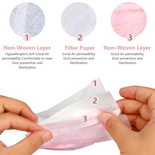 Wecolor 100 Pcs Disposable 3 Ply Earloop Face Masks, Suitable for Home, School, Office and Outdoors (Pink)
