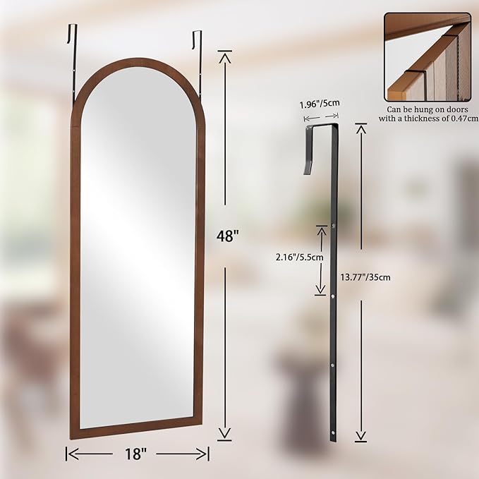 18"x48" Full Length Over The Door Mirror with Wood Frame Shatterproof Tempered Glass, Space-Saving Design, Adjustable Height Hooks