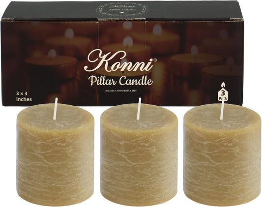 KONNI Wax Yellow Pillar Candles Set of 3, 3"x 3" Unscented Pillar Candles Bulk, 30 Hours Long Burning Candles, Smokeless&Dripless Large Round Candle for Wedding, Home Decoration, Parties, Spas, Dinner