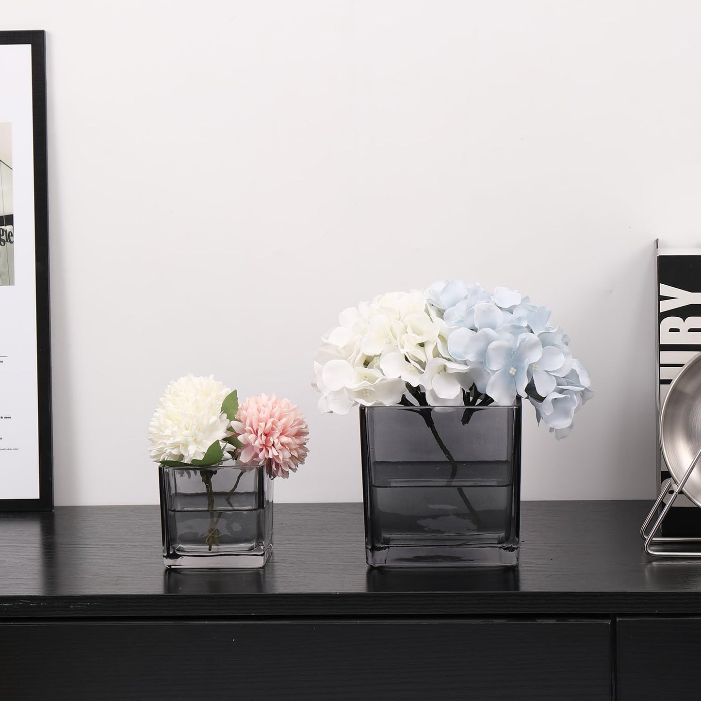 Square Flower Vases Set of 4, 3"x 3"x 3" Glass Vases for Centerpieces, Grey Vase for Flowers, Small Vase for Wedding, Party, Home Office Decoration