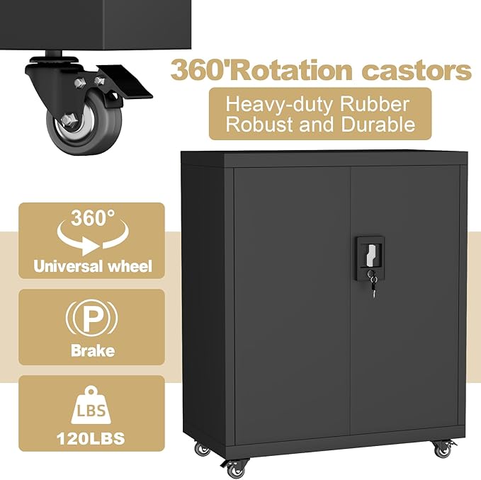 LUCYPAL Metal Storage Cabinet with Wheels,31.5" H Steel Storage Cabinet with Locking Doors and Adjustable Shelves,Metal Garage Storage Cabinets for Home Office,Kitchen,Black