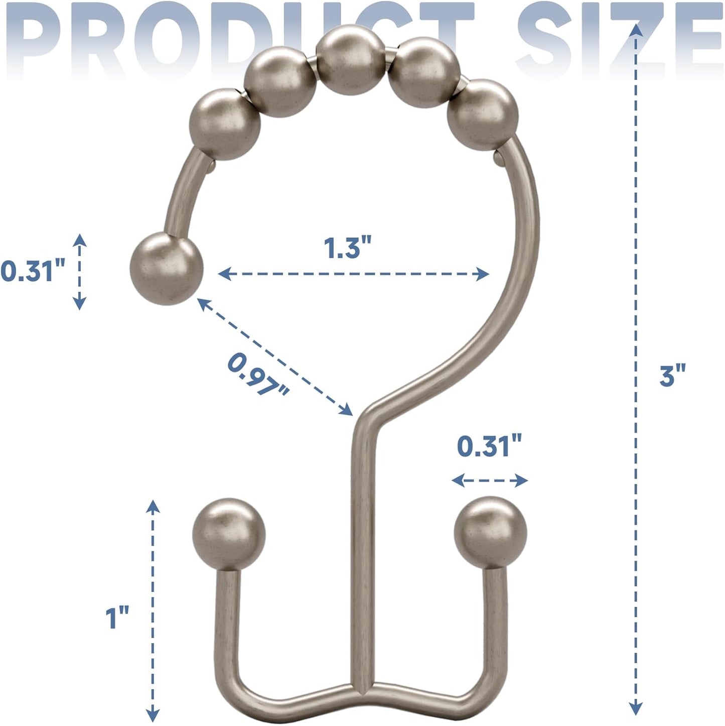 Titanker Shower Curtain Hooks Rings, Rust-Resistant Metal Double Glide Shower Hooks for Bathroom Shower Rods Curtains, Set of 12 Hooks - Matte Nickel