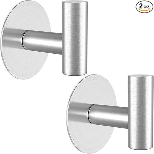 Heavy Duty Self-Adhesive Coat Hooks, Stainless Steel Towel Hooks for Bags, Towels, Robes, Hats, Aprons – No Drill Bathroom, Kitchen, Hotel Wall Hooks (2 Pack, Silver)