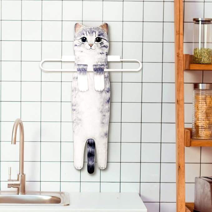Hand Towels for Bathroom Kitchen,Cute Cat Quick-Dry Hanging Hand Towels Decorative for Bathroom Face Towels,Funny Gifts for Cat Lovers (Grey)