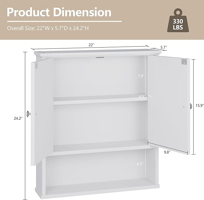 Meilocar Bathroom Wall Cabinet with Mirror, White Bathroom Mirror Cabinet Wall Mounted, Over Toilet Medicine Cabinets with Adjustable Shelf, White