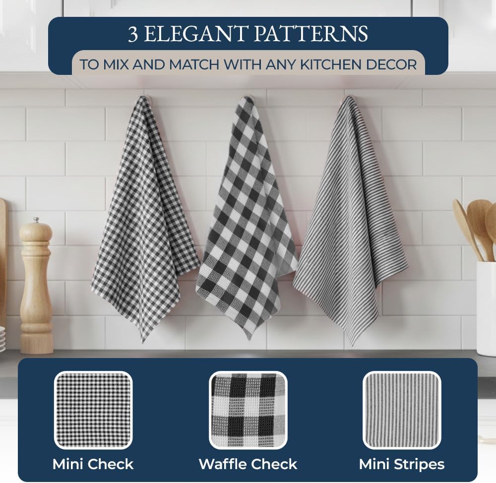 LANE LINEN Kitchen Towels & Dishcloths Set - 20-Piece Kitchen Essentials for New Home, Heat-Resistant Oven Mitts & Pot Holder, Absorbent Flour Sack Towels - Black